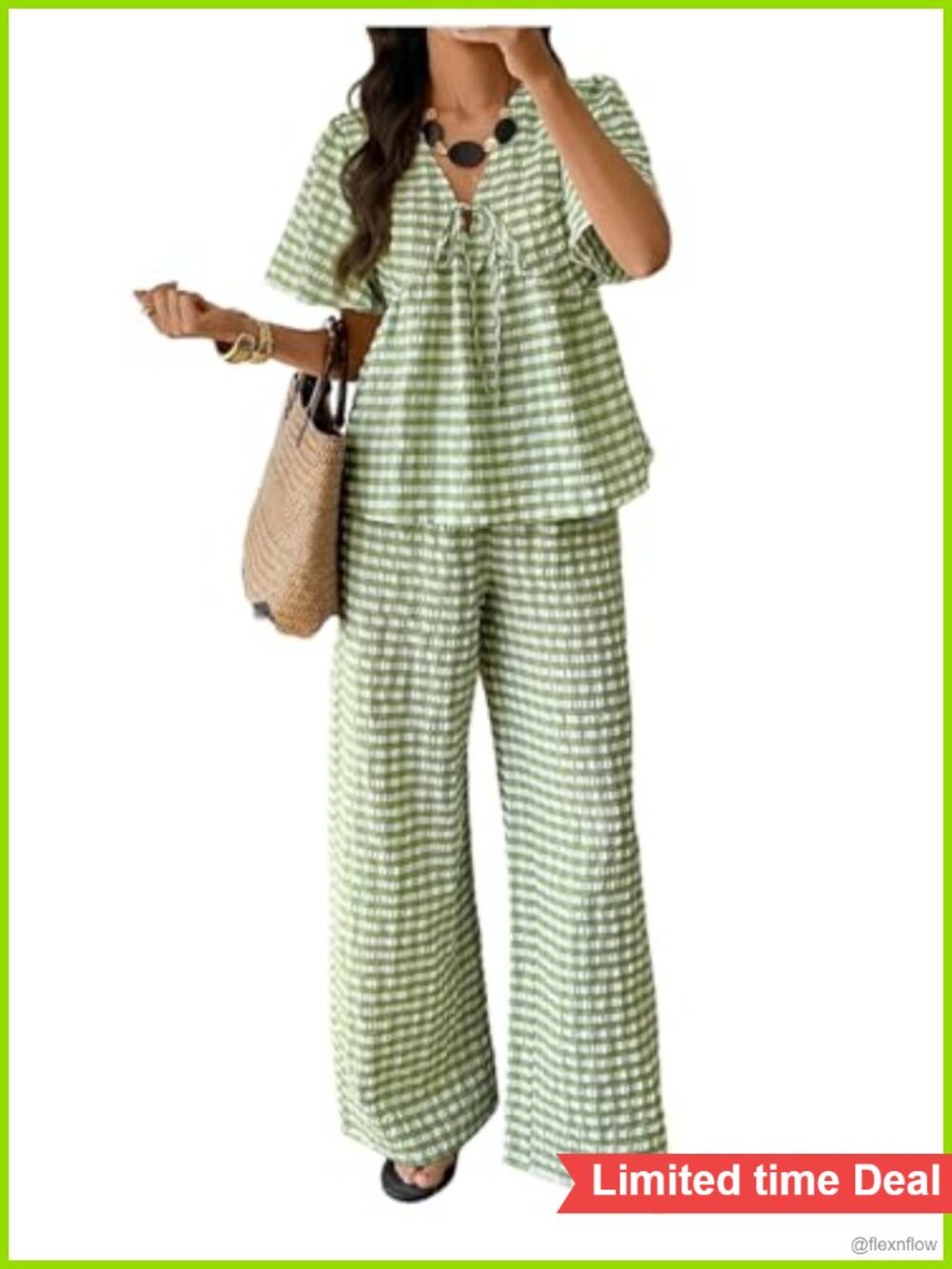 Winkbay 2 Piece Gingham Set Peplum Puff Sleeve Top Wide Leg Pants
